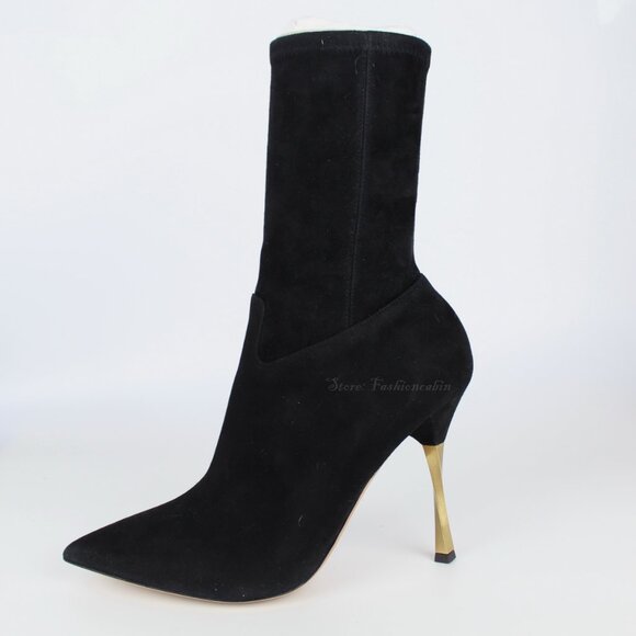 NEW Valentino Garavani Stretch Suede Sock Stiletto Boot Gold Heel | Runway Sleek - Picture 4 of 16